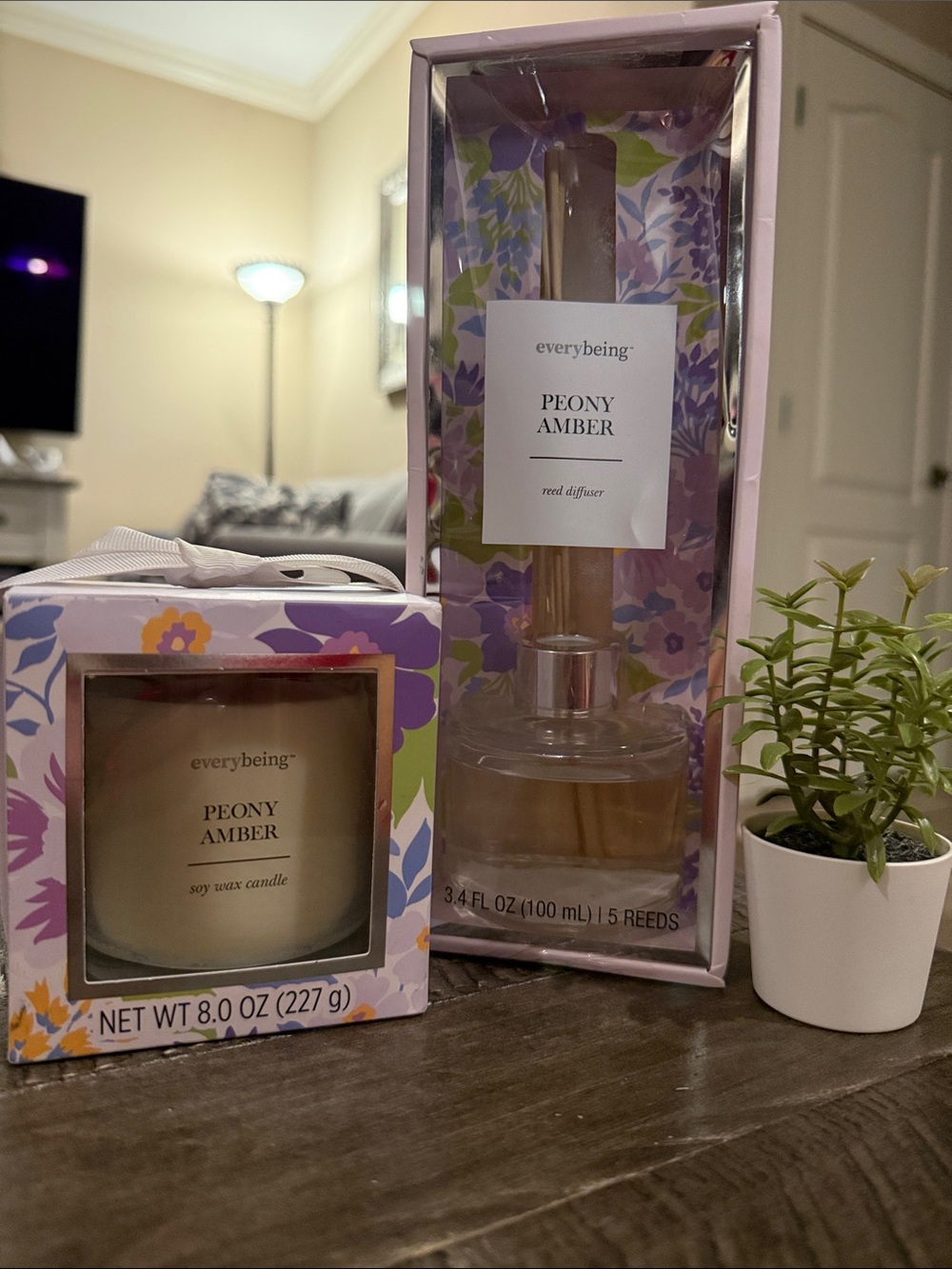 Peony Amber Soy Wax Candle & Reed Diffuser Gift Set - Pink Floral